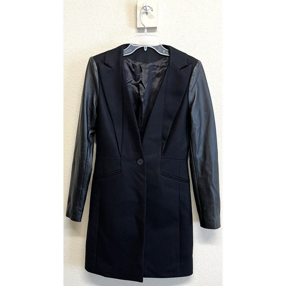 All Saints Black Wool Lambs Leather Long Coat Size 6 US Collarless Portex NEW - Picture 2 of 12